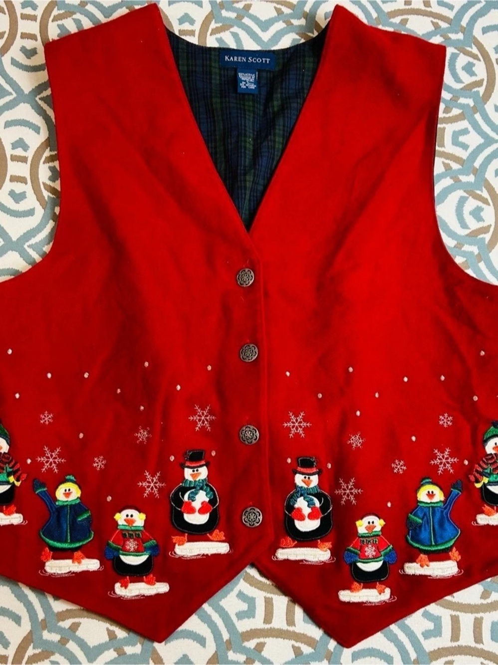 Karen Scott Red Snowman Embroidered Vest Plaid Lining